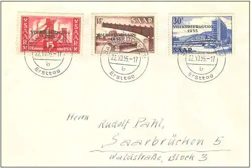 Saargebiet/Saarland 1955 Nr 362/64 Brief Rundstempel (Datum und/oder Ort klar)