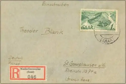Saargebiet/Saarland 1948 Nr 225 Berufe und Ansichten aus dem Saarland Brief
