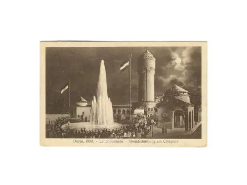 Düren, Rhld. - Leuchtfontaine-Abendstimmung am Cölnplatz, Jahr 1924,