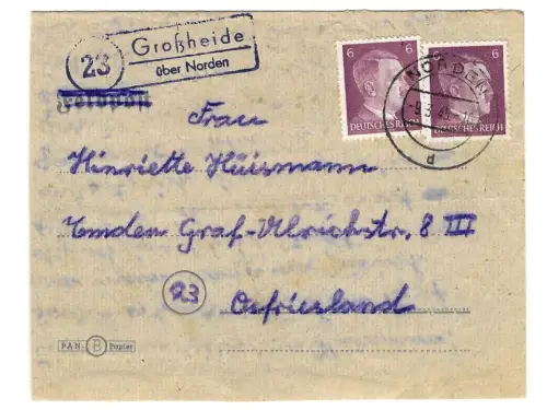 Landpoststempel Großheide über Norden auf Briefstück vom 9.3.45
