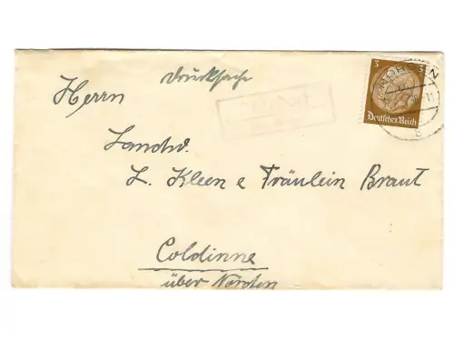Landpoststempel Itzendorf über Norden auf Brief vom 29.5.38