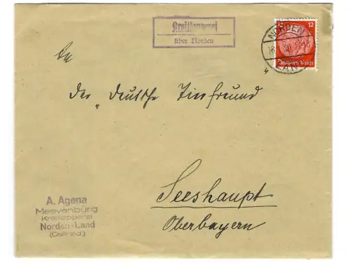 Landpoststempel Kreitlapperel über Norden auf Brief vom 18.7.36