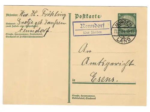 Landpoststempel Nenndorf über Norden auf Ganzsache vom 22.2.34