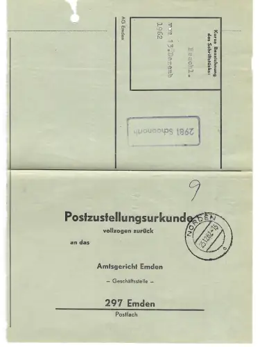 Landpoststempel 2981 Schoonorth auf PZU vom 25.12.62