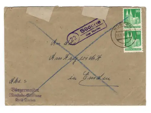 Landpoststempel 23 Südarle über Norden auf Brief vom 13.11.48