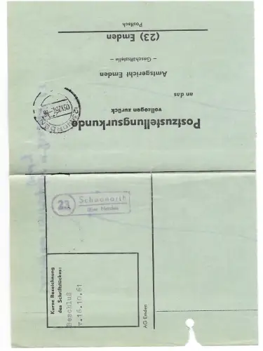 Landpoststempel 23 Schoonorth über Norden auf PZU vom 5.12.61