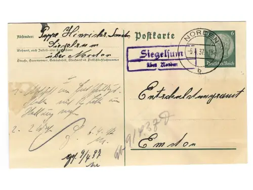 Landpoststempel Siegelsum über Norden auf Ganzsache vom 5.4.37