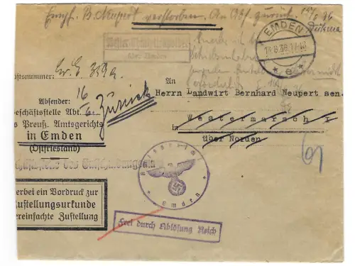 Landpoststempel Wester-Charlottenpolder über Norden auf Briefstück vom 13.6.36