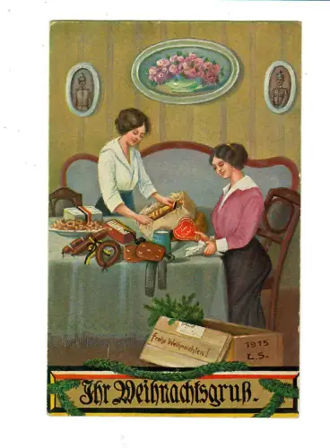 AK Weihnachten,  Zwei elegante Damen packen Geschenke aus, sign.L.S. 1915, 20258