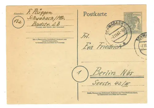 Ganzsache AK, Postkarte 1947 Schwabach nach Berlin, 11994