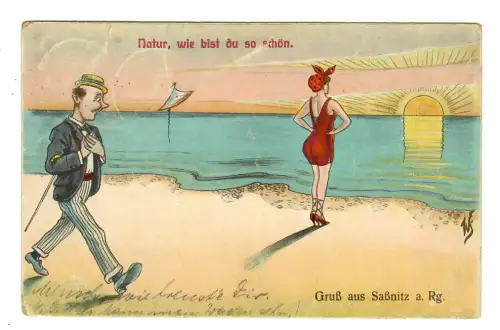 AK Humor, Mann spaziert am Meer, Gruß aus Saßnitz, 12062