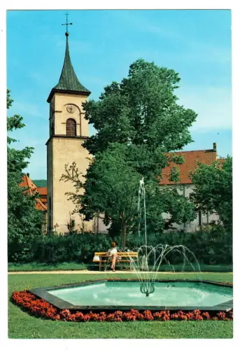 AK Lenzkirch, St. Nikolaus Pfarrkirche mit Springbrunnen im Kurpark, 11033