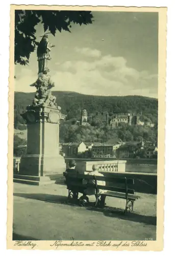 AK Heidelberg, Nepomukstatue mit Blick auf das Schloß, 10859