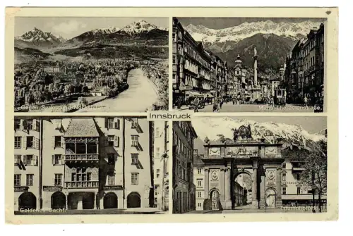 AK Innsbruck, Maria Theresienstraße-Triumpfpforte - Goldenes Dachl, 10876