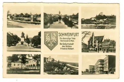AK Schweinfurt, Rückert Denkmal, Hallenbad, Markt, Rathaus, Schloss, 10062