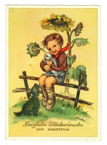 AK Geburtstag, Junge mit Hasen und Hund unter einer Sonnenblume, 12153