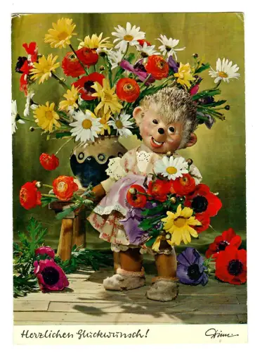 AK Mecki, Igelmädchen mit Blumenstrauß, 12160
