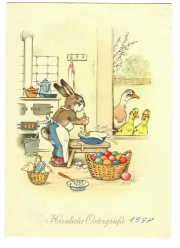 AK Ostern, Osterhase in der Küche, Ostereier, 20173