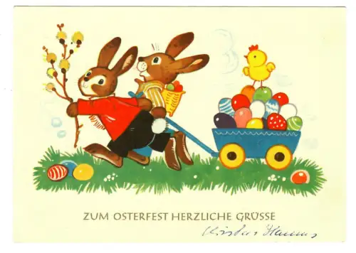 AK Ostern, Osterhasen mit Eierwagen, 20164
