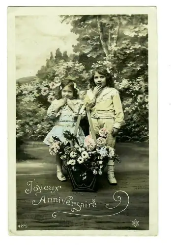 AK Grußkarte, Mädchen und Junge mit Blumenkorb, koloriert,  20028