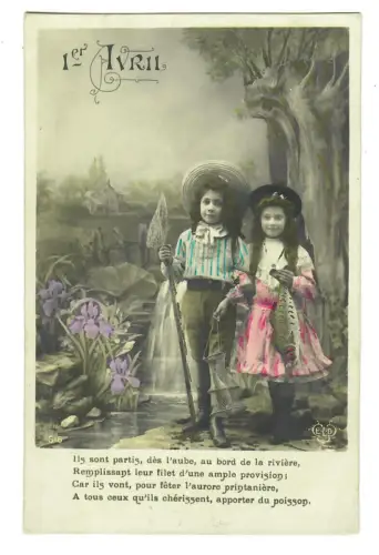 AK 1. April,  Mädchen und Junge Aprilscherz  „Poisson d’Avril“, koloriert, 20212