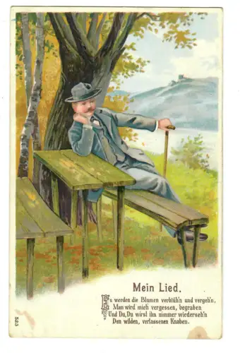 Liedpostkarte, Präge AK, eleganter Herr auf einer Bank,  "Mein Lied", 30578