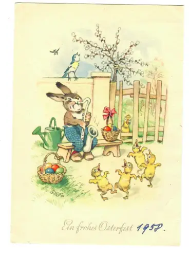 AK Ostern, Osterhase mit tanzenden Küken, 20161