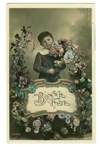 AK Geburtstag, Kleiner Junge mit Blumenstrauss, koloriert, 20002