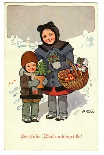 AK Weihnachten, Mädchen mit Geschenken im Schnee, sign. P.O.E., 20272