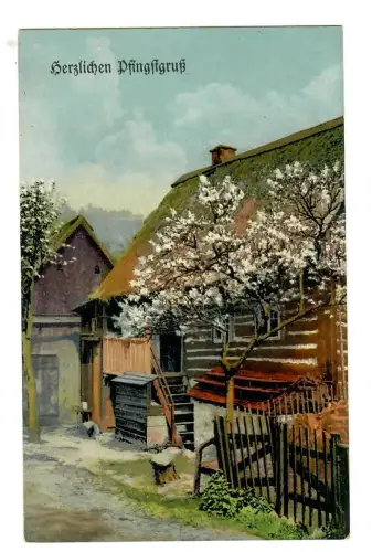 AK Pfingsten, Bauernhaus mit blühendem Kirschbaum, Frühling, 12166