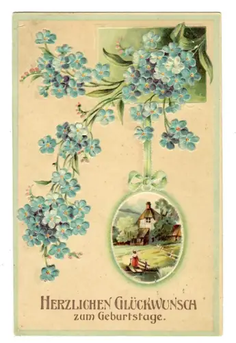 Präge AK Geburtstag, Vergissmeinicht mit kleinem Bild, Stempel Hamburg,  12167