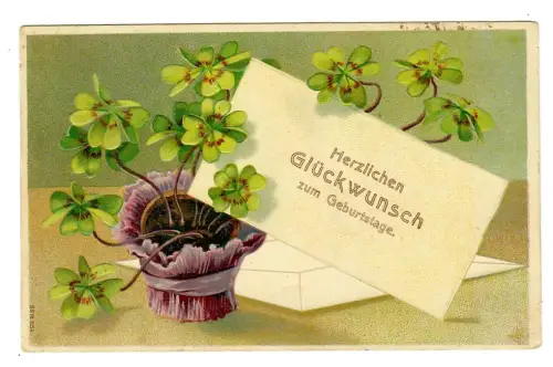 Präge AK Geburtstag, Blumentopf mit Glücksklee, 12168