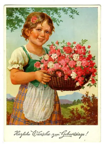 AK Geburtstag, Mädchen in Tracht mit Blumenkorb, 12169