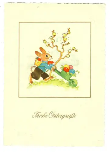 AK Ostern, Osterhase mit Schubkarre und Eiern, 20167