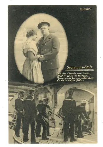 WW1 AK Marine Soldat mit Frau, Soldaten am Torpedo, Seemans-Stolz, 12179