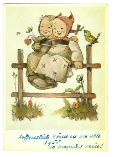 Künstler AK Berta Hummel, Zwei Mädchen auf dem Zaun, 30033