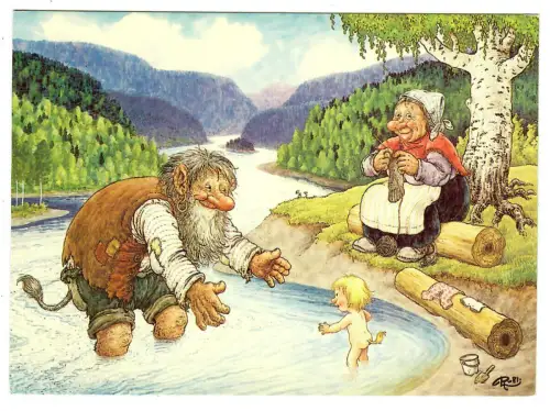 Künstler AK Rolf Lidberg, Trolle baden "The First Bathe", 30695