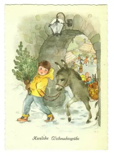 Künstler AK Margret Savelsberg, Herzliche Weihnachtsgrüße Kind mit Esel, 30006