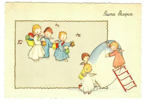 Künstler AK Glückwunsch Ostern, Engel bemalen Osterei, 20175