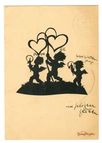 AK Scherenschnitt, Engel mit Herzen, Georg Plischke, 11904