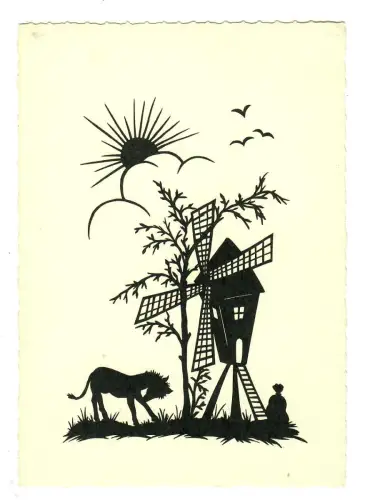 AK Scherenschnitt, Mühle mit Pferd, nach Alice Staudacher-Voit, 11906