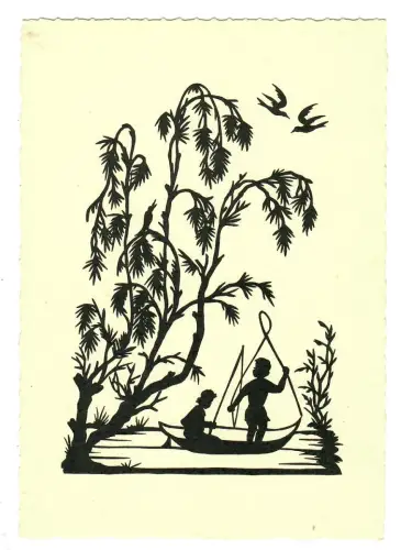 AK Scherenschnitt, Boot mit Anglern, nach Alice Staudacher-Voit, 11907