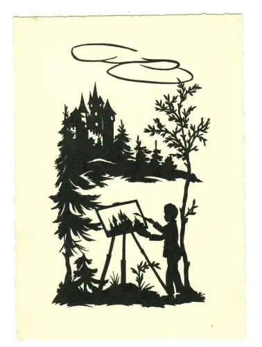 AK Scherenschnitt, Künstler malt Wald, nach Alice Staudacher-Voit, 11908