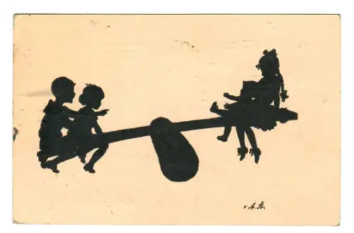 AK Scherenschnitt, Schattenbild, Kinder auf der Schaukel, 11912