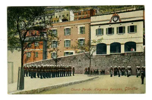 AK Gibraltar, Parade Hargraves-Kaserne  vor Kirche ~ 1910,  10151