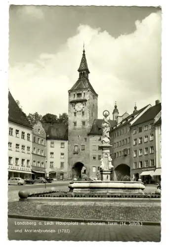 AK Landsberg a. Lech Hauptplatz mit schönem Turm und Marienbrunnen - 10306