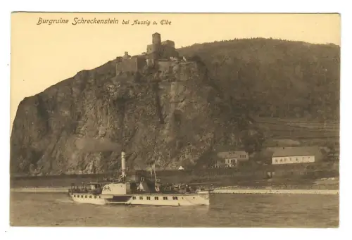 AK Aussig, Burgruine Schreckenstein, Dampfschiff auf der Elbe, 11446