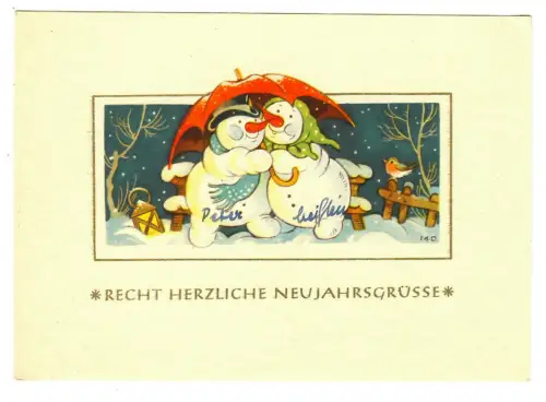 AK Neujahr, Schneemannpärchen unter Regenschirm, signiert M.D. , 20236