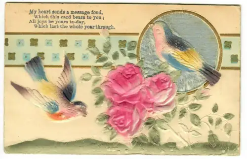 Präge AK Geburtstag, Vögel mit Rosen, Weltpostverein, 30703