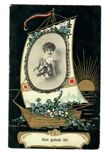 AK Liebe, Boot mit Frauenbildnis, Dein gedenk ich,  30579